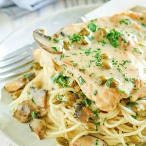 Copycat Cheesecake Factory chicken piccata with pasta.