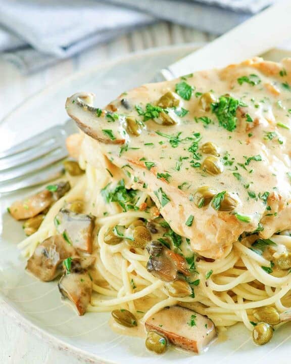 Copycat Cheesecake Factory chicken piccata with pasta.