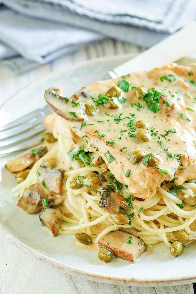 Copycat Cheesecake Factory chicken piccata with pasta.