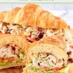 Homemade chicken salad with cranberries and walnuts in sandwiches.