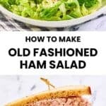 Homemade ham salad on lettuce and in a sandwich.