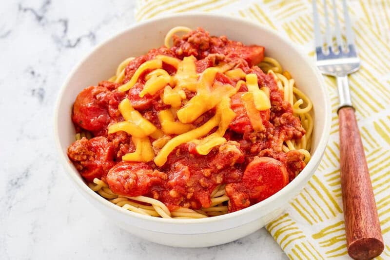 Copycat Jollibee Filipino jolly spaghetti in a bowl.