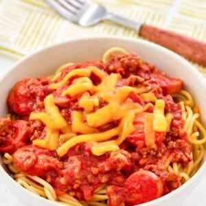 Copycat Jollibee spaghetti in a bowl.