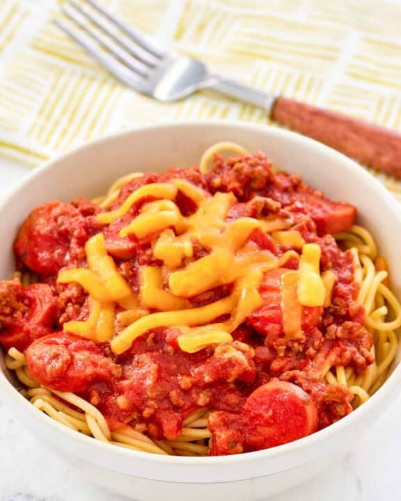 Copycat Jollibee spaghetti in a bowl.