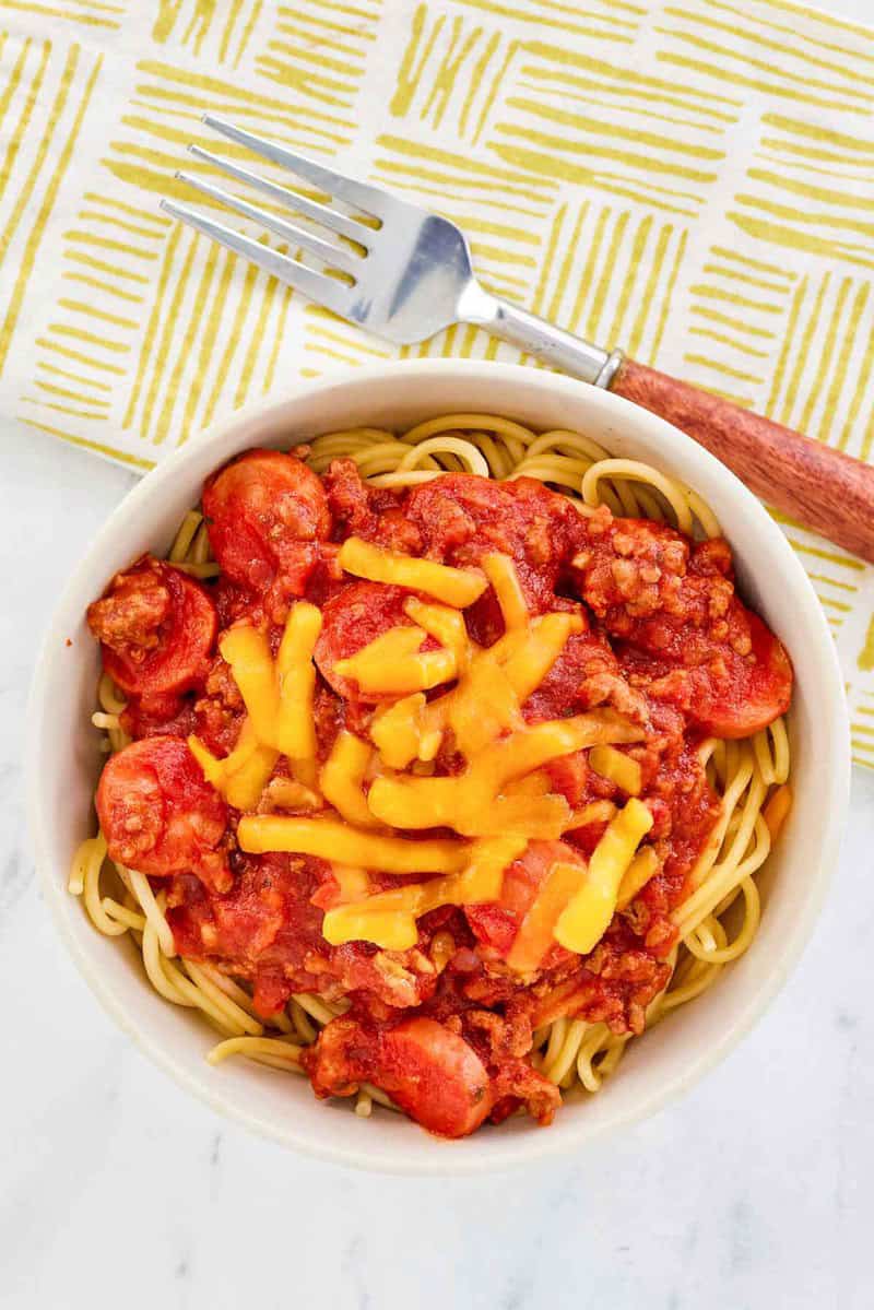 Copycat Jollibee jolly spaghetti in a bowl.