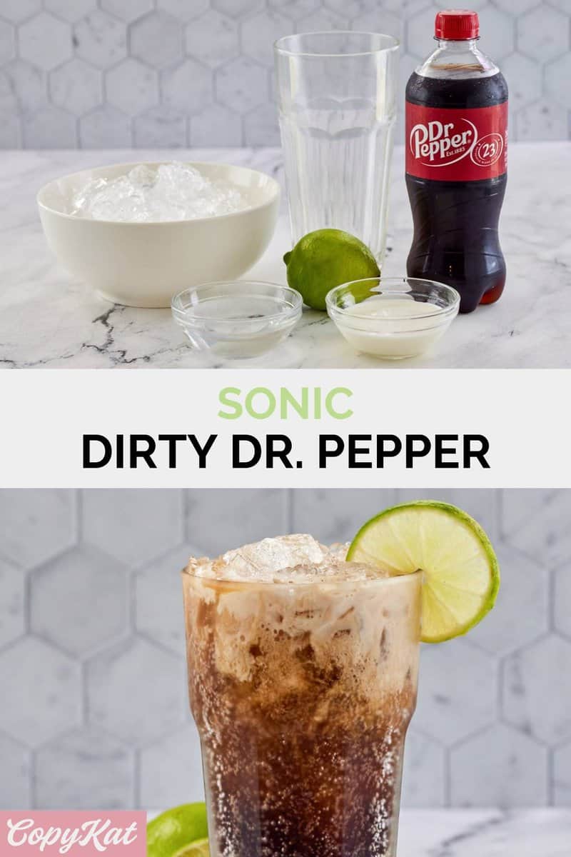 Copycat Sonic Dirty Dr. Pepper ingredients and the drink in a tall glass.