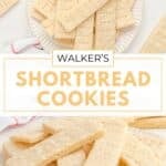 Homemade Walker's shortbread cookies piled on a plate.