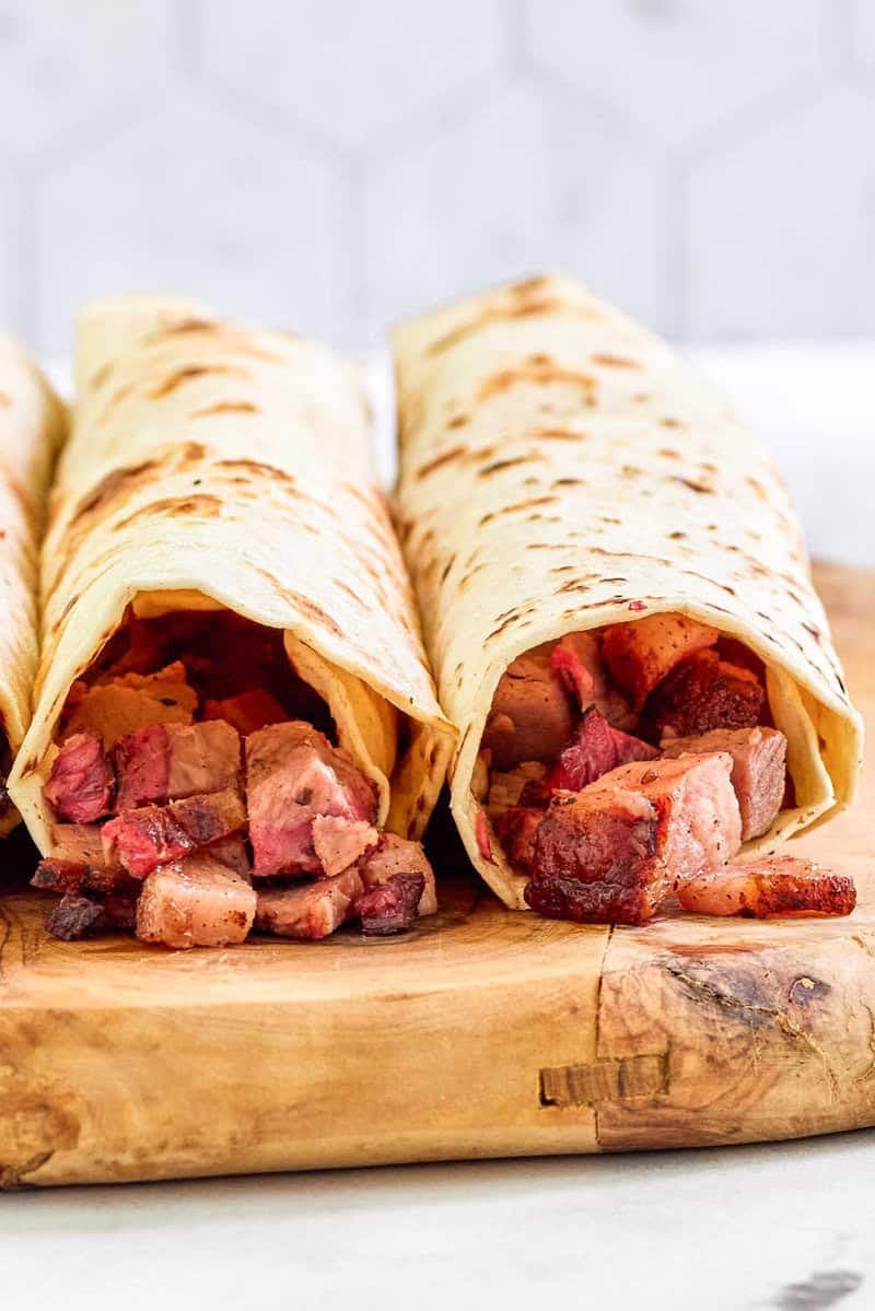 Two copycat Buc-ee's smoked brisket tacos.