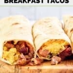 Two homemade Buc-ee's brisket and egg breakfast tacos.