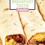 Two homemade Buc-ee's egg and brisket breakfast tacos.