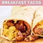 Homemade Buc-ee's brisket breakfast taco on a wood board.
