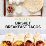 Copycat Buc-ee's brisket breakfast tacos ingredients and the tacos on a wood board.