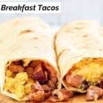 Two homemade Buc-ee's breakfast brisket tacos.