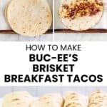 Copycat Buc-ee's brisket breakfast tacos ingredients, open, and rolled up.