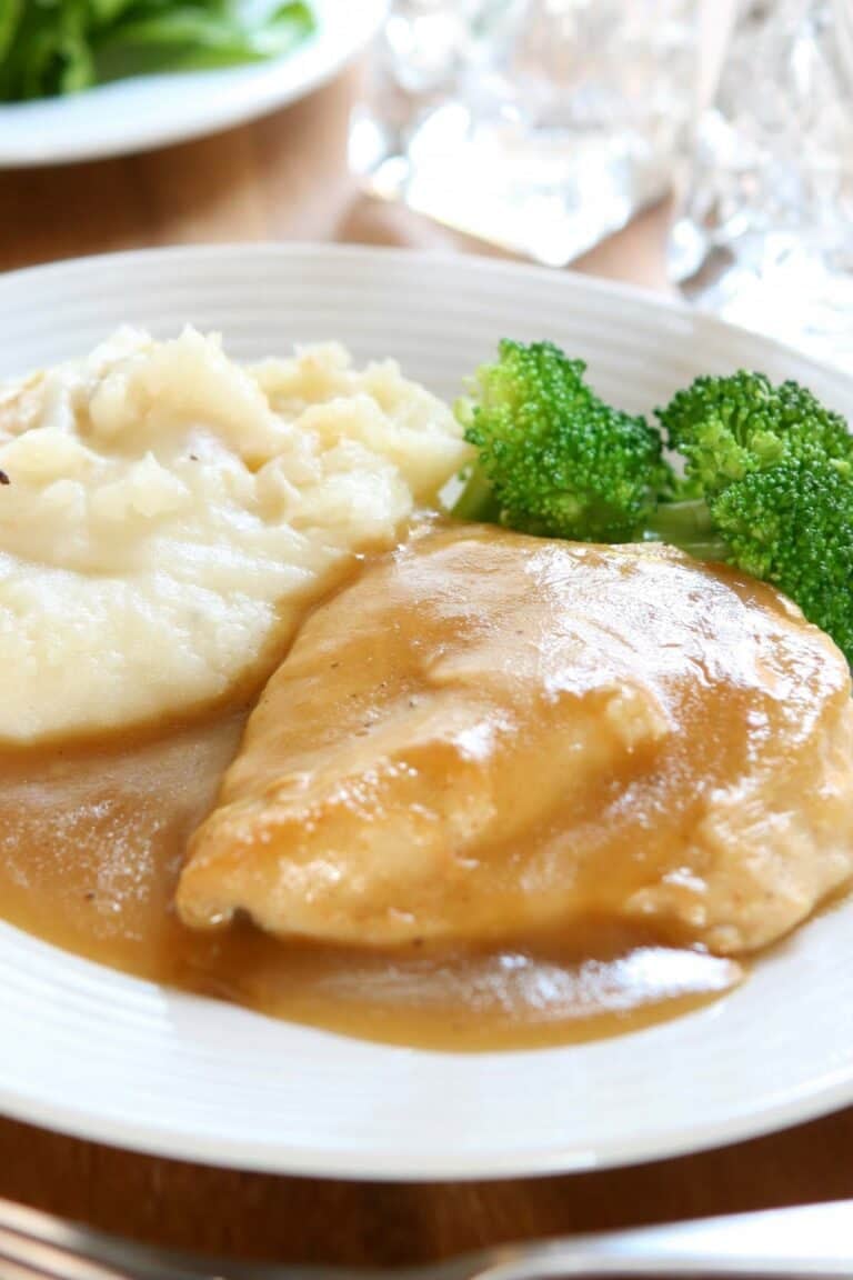 Roasted chicken breast with homemade chicken gravy.