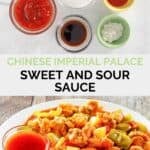 Copycat Chinese Imperial Palace sweet and sour sauce ingredients and the sauce.