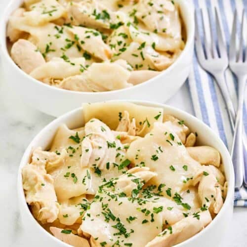 Copycat Cracker Barrel chicken and dumplings in two bowls.