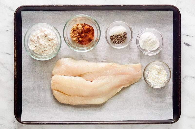 Copycat Long John Silver's batter fried fish ingredients on a tray.