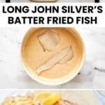 Homemade Long John Silver's battered fish ingredients, batter, and finished dish.