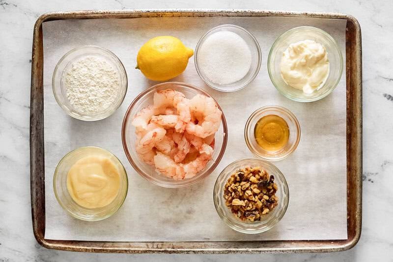 Copycat Panda Express honey walnut shrimp ingredients on a tray.