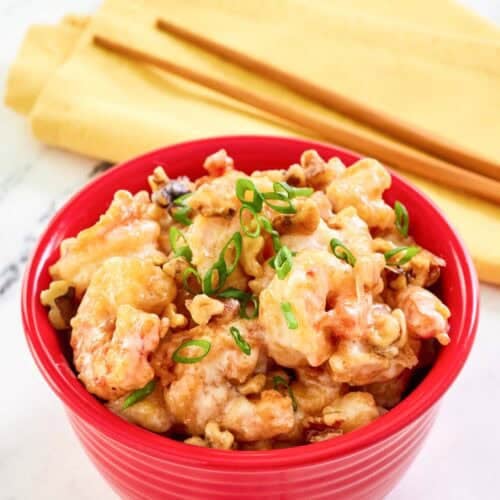 Copycat Panda Express honey walnut shrimp in a bowl.