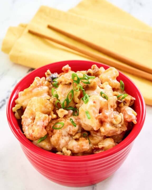 Copycat Panda Express honey walnut shrimp in a bowl.