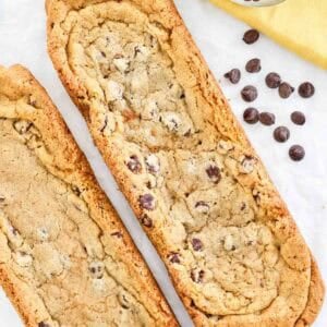 Two copycat Subway chocolate chip footlong cookies.