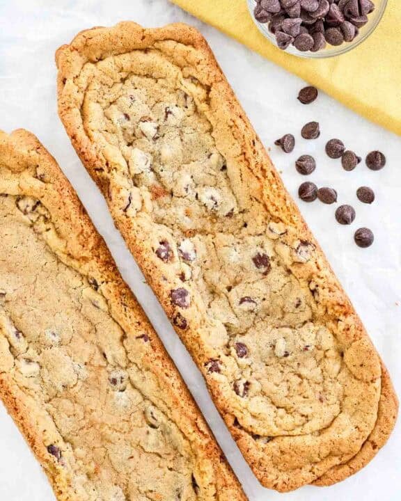 Two copycat Subway chocolate chip footlong cookies.