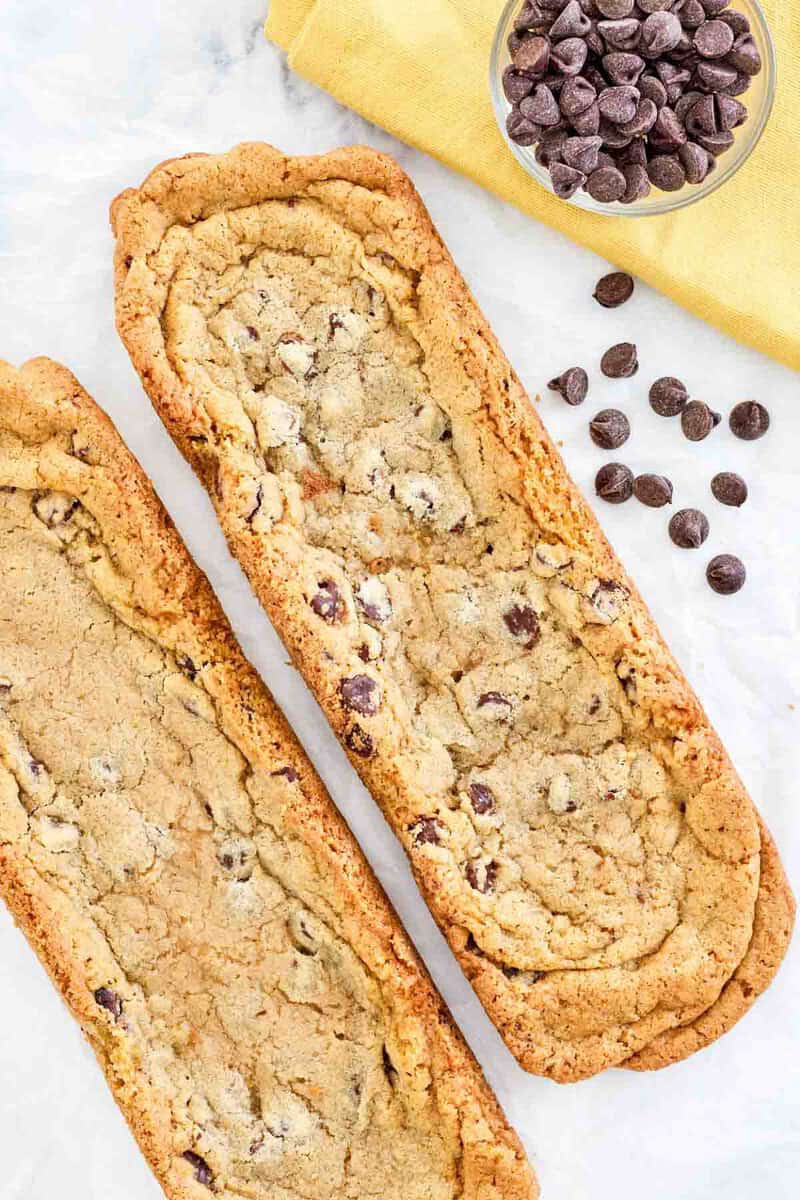 Two copycat Subway chocolate chip footlong cookies.