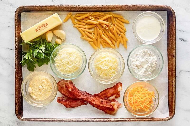 Copycat Applebee's four cheese mac and cheese ingredients on a tray.