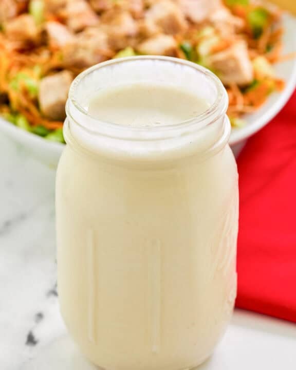 Copycat Applebee's oriental salad dressing in a mason jar.
