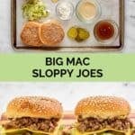 Big Mac sloppy joes ingredients and two sloppy joes on a wood board.