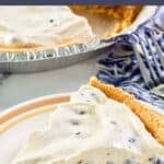 A slice of blueberry cream pie with graham cracker crust.