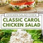 Copycat Chicken Salad Chick Classic Carol chicken salad on a sandwich an on lettuce.