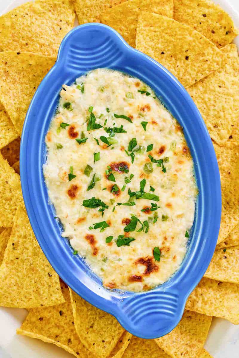 Copycat Joe's crab shack crab dip and tortilla chips.