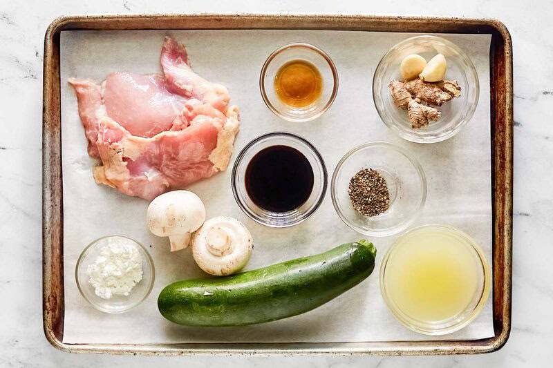 Copycat Panda Express mushroom chicken ingredients on a tray.
