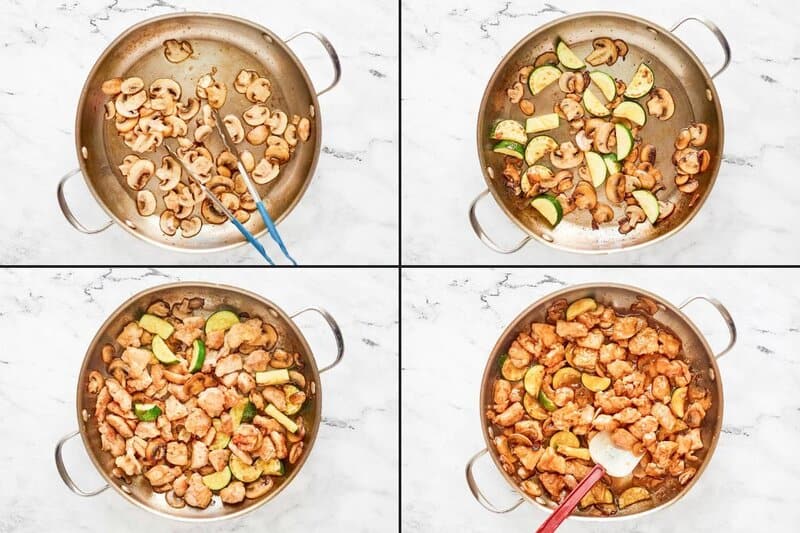 Cooking copycat Panda Express mushroom chicken and zucchini.