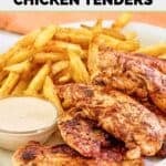 Homemade Popeyes blackened tenders with dipping sauce on a plate.