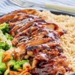 Homemade Teriyaki Madness chicken teriyaki with brown rice and mixed veggies.