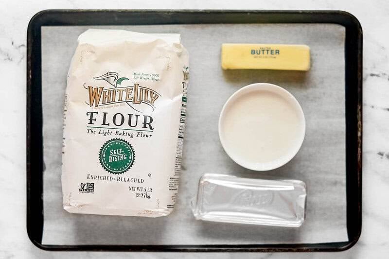 Copycat Bojangles biscuits ingredients on a tray.