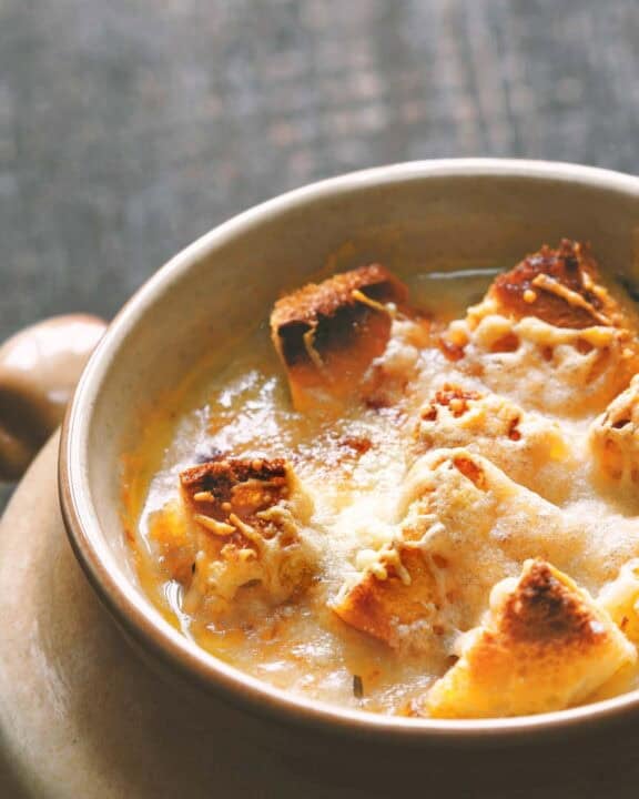 A bowl of copycat Brown Derby French onion soup.