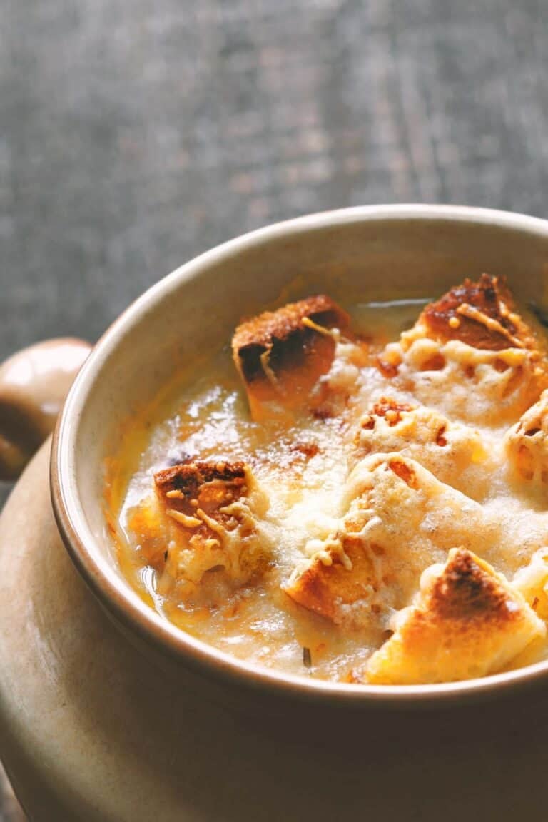 A bowl of copycat Brown Derby French onion soup.