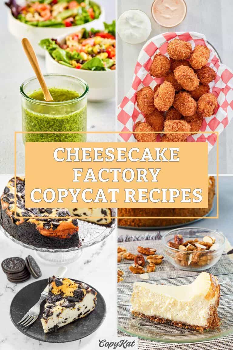 Copycat Cheesecake Factory dressing, potato tots, oreo cheesecake, and original cheesecake.