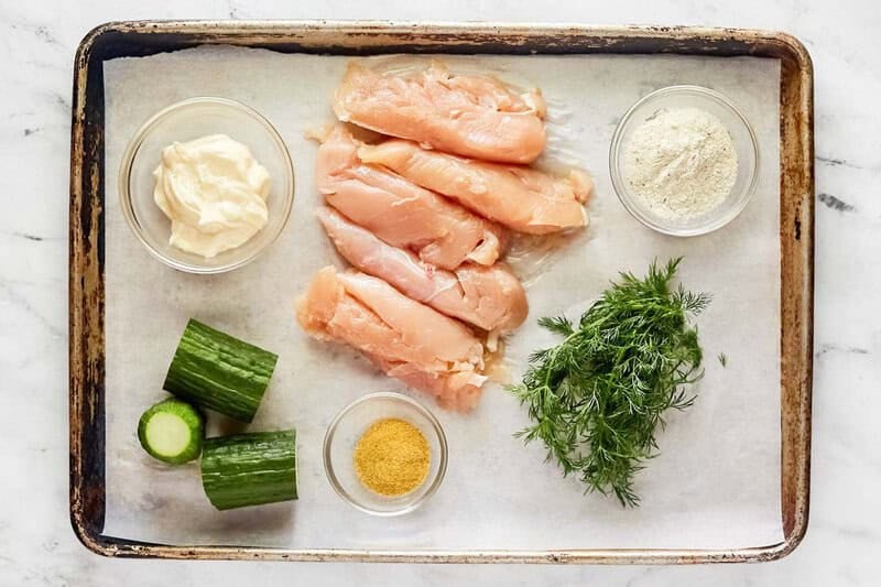 Copycat chicken salad chick dill-icious chicken salad ingredients on a tray.