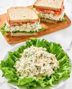 Copycat chicken salad chick dill-icious chicken salad on lettuce leaves.
