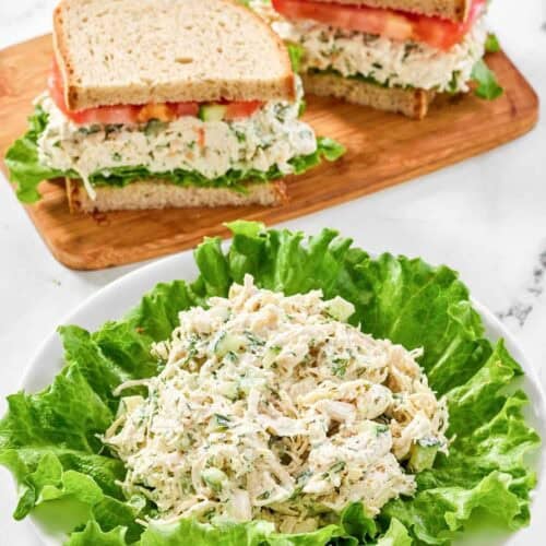 Copycat chicken salad chick dill-icious chicken salad on lettuce leaves.