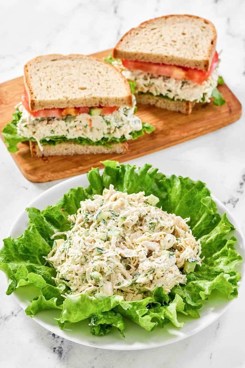 Copycat chicken salad chick dill-icious chicken salad on lettuce leaves.
