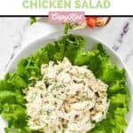 Homemade chicken salad chick dill-icious diva chicken salad served over lettuce leaves.
