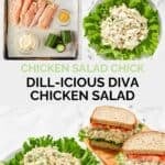 Copycat chicken salad chick dill-icious diva ingredients and the salad on lettuce and sandwich.