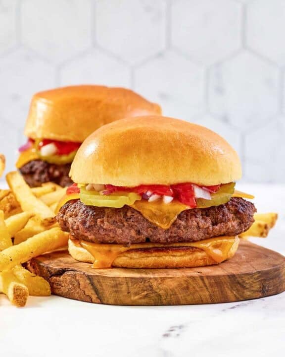 Copycat Chili's Big QP burger and fries.